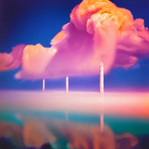 Prompt: film photography of several 4g mobile phone towers amongst colourful underwater clouds by Kim Keever, low shutter speed, 35mm