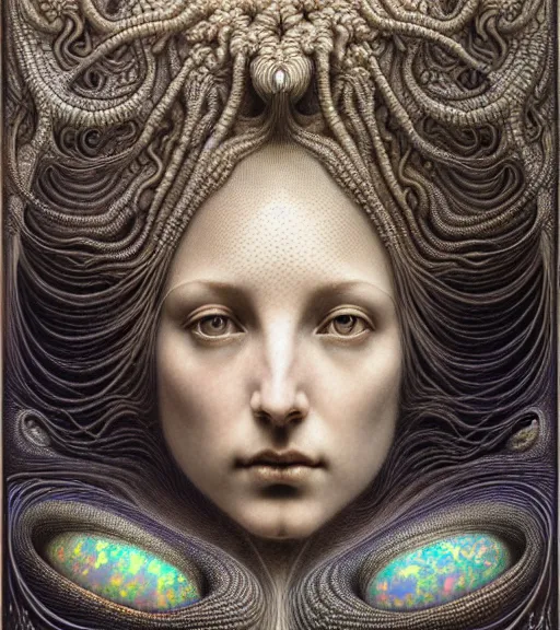 Prompt: detailed realistic beautiful opal goddess face portrait by jean delville, gustave dore, iris van herpen and marco mazzoni, art forms of nature by ernst haeckel, art nouveau, symbolist, visionary, gothic, neo - gothic, pre - raphaelite, fractal lace, intricate alien botanicals, biodiversity, surreality, hyperdetailed ultrasharp octane render