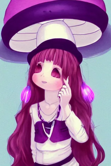 Prompt: a little girl wearing a mushroom hat in 9 0 s outfit | | purple curvy hair, pretty face, fine details, digial art by lois van baarle and sakimichan, anatomically correct, perfect composition, symmetrical, fantastic, clean details, anime character, extremely detailed, ray tracing, aesthetic