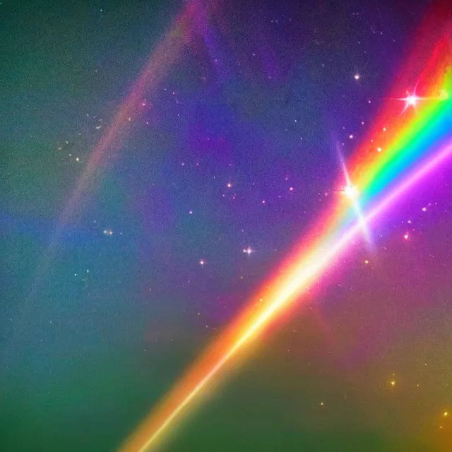 Prompt: glowing rainbow beam of light in space, vintage