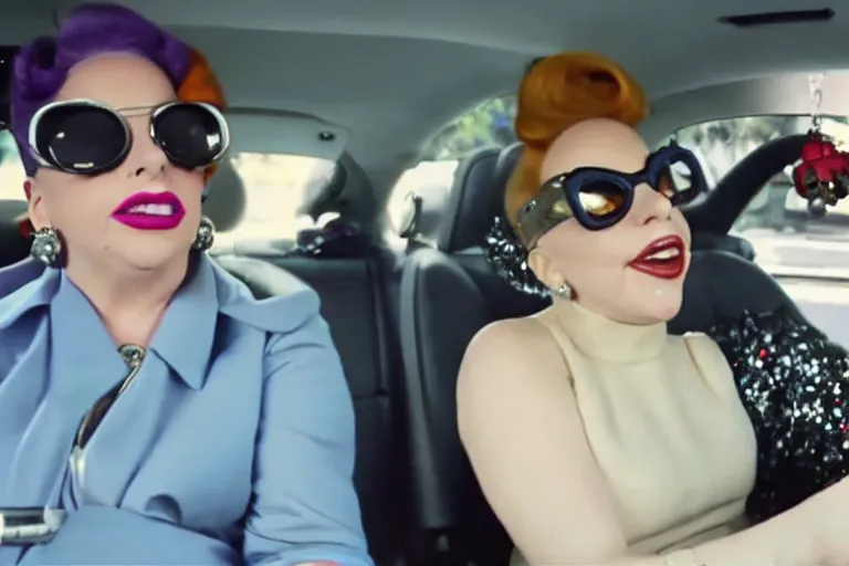 Image similar to lady gaga and judy garland doing carpool karaoke, lady gaga and judy garland, carpool karaoke, lady gaga, judy garland, carpool karaoke, youtube video screenshot, the late late show with james corden, higly realistic, high resolution, dashcam