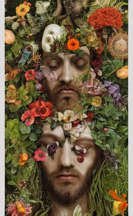 Image similar to a becoming and phenomenal jesus in the rain from clockwork orange in a lush garden full of diverse plants, by mab graves and giuseppe arcimboldo. luminism. hypermaximalist. gouache. trending on artstation.