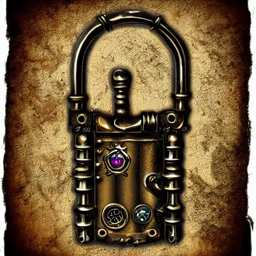 Image similar to a steampunk keyed padlock 🔒 🔑, fantasy digital art, in the style of hearthstone artwork