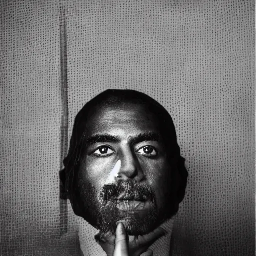 Image similar to a chiaroscuro lighting portrait of kanye west dressed as rick owens, black background, portrait by julia margaret cameron, shallow depth of field, 8 0 mm, f 1. 8