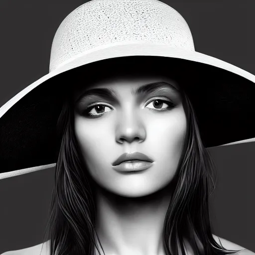 Prompt: black and white centered close-up of fashion model girl in wide white hat, hyperrealism oil painting