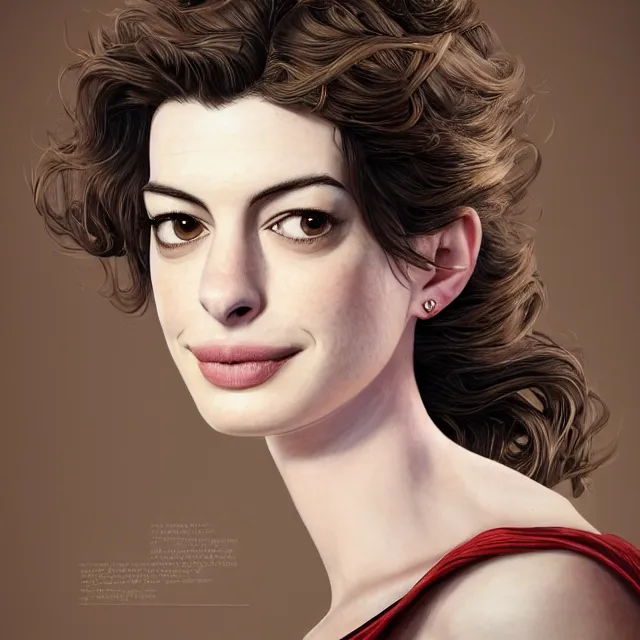 Image similar to the portrait of the lawful good alignment personified as anne hathaway, absurdly beautiful, graceful, elegant, sophisticated, young woman, an ultrafine hyperdetailed illustration by kim jung gi, irakli nadar, intricate linework, bright colors, octopath traveler, final fantasy, unreal engine 5 highly rendered, global illumination, radiant light, detailed and intricate environment