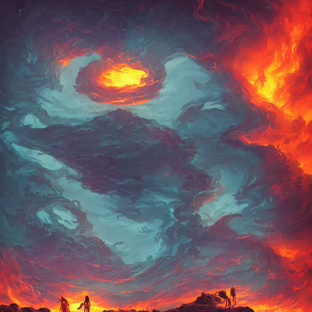 Prompt: Elemental colorful pixar moongate, digital matte black paper art pastiche by Moebius and by Cyril Rolando, Beautiful epic night fire seascape, pastiche by Moebius, Cyril Rolando, Shawn Coss, Junji Ito, and Roger Dean