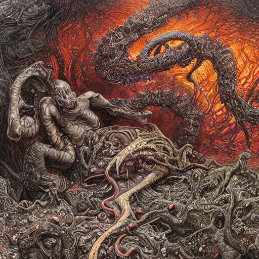 Prompt: madness creature, fluid, smooth, organic, crazy, bright, colours, tumours, high contrast, sharpness, dramatic, very detailed, intricate, by donato giancola and gustave dore and junji ito