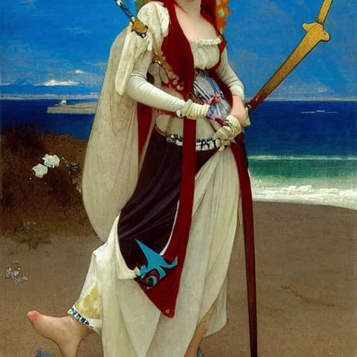 Image similar to A girl with jester clothes and a sword on the front of a Balustrade with a beach on the background, major arcana clothes, by paul delaroche, alphonse mucha and arnold böcklin arnold böcklin hyperrealistic 8k, very detailed