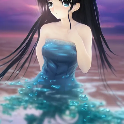 Prompt: advanced digital portrait painting photograph, a very beautiful anime girl wearing a dress made of water standing in a crystal lake , full body, very long black hair, azure blue watery eyes, full round face, seductive stare, cinematic lighting, medium shot, mid-shot, highly detailed, trending on artstation, Unreal Engine 4k, Stanley Artgerm Lau, WLOP, Rossdraws, James Jean, Andrei Riabovitchev, Marc Simonetti, and Sakimichan