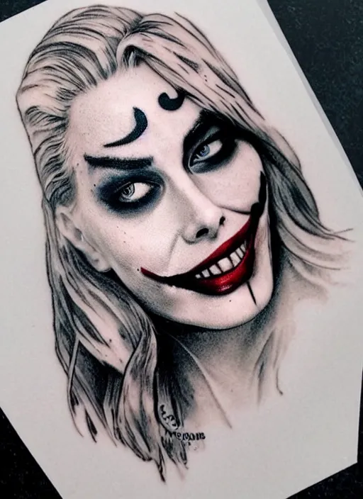 Image similar to beautiful margot robbie with joker makeup tattoo design, holding an ace card, black and white, realism tattoo, hyper realistic