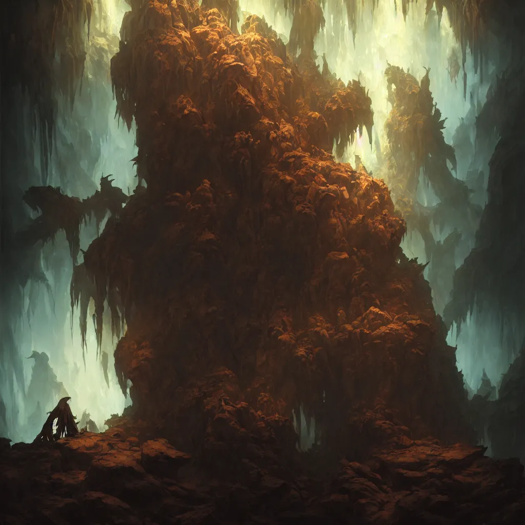 Image similar to portrait of the unseen elder vampire in a cave, dark atmosphere, subsurface scattering, by jesper ejsing, justin gerard, tomasz alen kopera, cgsociety and fenghua zhong, highly detailed, rim light, cinematic lighting, illustration, art, octane render, very coherent, cinematic, hyper realism, high detail, octane render, 8 k