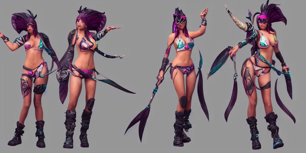 Prompt: beautiful character sheet of gorgeous pool party Akali (wild rift). 3d render, octane render, realistic, highly detailed, trending on artstation