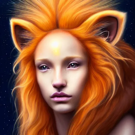 Image similar to Portrait of a girl angel with pale orange colored frizzy strands of illuminated hair, Lion essence, cat ears on her head, glowing halo, Lion's Mane, Cosmic, Lion's Gate, 8/8, fantasy, intricate, elegant, highly detailed, digital painting, artstation, concept art, smooth, sharp focus, illustration, art by Krenz Cushart and Artem Demura and alphonse mucha