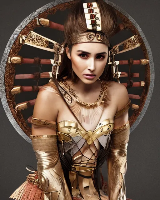 Prompt: fashion editorial of Olivia Culpo as a warrior princess in feudal japan, clear makeup, clean hair, dry skin, clear skin, airbrushed, bright eye makeup, warrior body, photo by mario testino, 8k octane render, cinematic, hyper detailed, micro details, insanely detailed, trending on artstation, concept art, Peter Paul Rubens and Peter Mohrbacher style