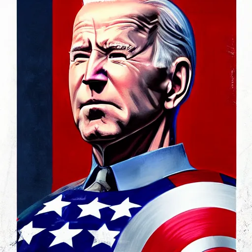 Image similar to hyperrealistic fbody concept art of Joe Biden as Captain America, oil on canvas, in the style of J.C. Leyendecker, Ross Tran and WLOP, 4k, smooth, sharp focus, extremelydetailed