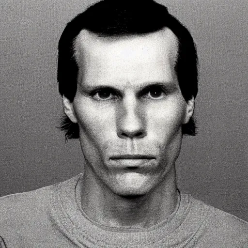 Prompt: A mugshot portrait of a man who looks like Jerma985 with short length wavy hair and a slightly receded hairline, wearing mid 1980s menswear in the late 1980s, taken in the late 1980s, grainy, realistic, hyperrealistic, very realistic, highly detailed, very detailed, extremely detailed, detailed, trending on artstation, front facing, front view, headshot and bodyshot, detailed face, very detailed face