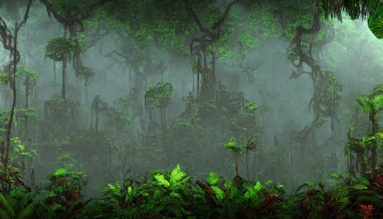 Image similar to deep mayan jungle forest realm biodiversity , side-scrolling 2d platformer game level, swirling clouds of magical mist through the trees, ancient forbidden temple ruins in tre background between the tree trunks, dramatic dusk sun illuminates areas , volumetric light , detailed entangled roots carpet the forest floor, rich color , upscale , 8k