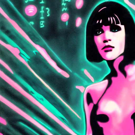 Image similar to portrait of pink hologram joi from blade runner