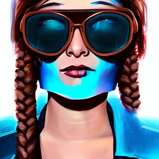 Image similar to closeup painting of a very beautiful young mexican cyberpunk woman with a smirk, wearing light blue shutter shades and a dark brown leather jacket, one side haircut, long brown hair with light blue ends, portrait, hyperdetailed, artstation, cgsociety, 8 k, synthwave by tangerine dream