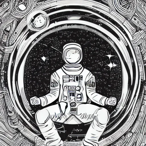 Prompt: meditating astronaut, psychedelic poster illustration by Jason Edminston, photorealism, intricate, line-drawing, black ink on white paper