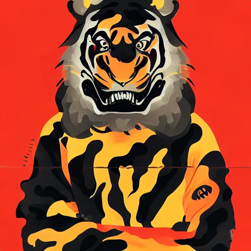 Prompt: Bape x Tiger Dragon Painting by Sachin Teng, asymmetrical, Organic Painting , Matte Painting, geometric shapes, hard edges, graffiti, street art,:2 by Sachin Teng:4