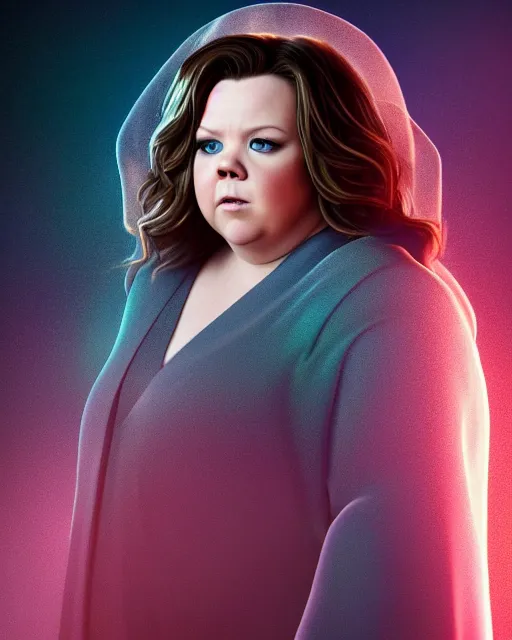 Image similar to Full potrait of Melissa McCarthy as an angel, hyper realistic, prismatic highlights, atmosphere, gorgeous, depth of field, cinematic, macro, concept art, 50mm, artstation, wlop, elegant, epic, weta digital, focus, octane render, v-ray, 8k, kodak portra, art by Liberatore