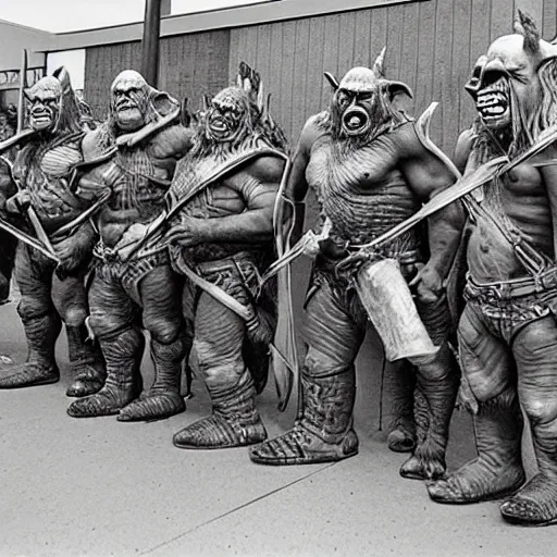 Image similar to orcs standing outside of a Walmart, protesting the working conditions, High detail, 1998