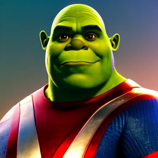 Image similar to digital painting of Shrek as Captain America, octane render, volumetric lightening, by marvel