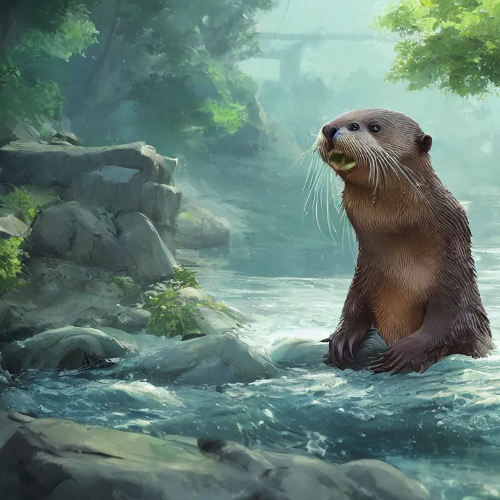 Image similar to a detailed painting of a cute otter at a river. character design by cory loftis, fenghua zhong, ryohei hase, ismail inceoglu and ruan jia. volumetric light, detailed, rendered in octane