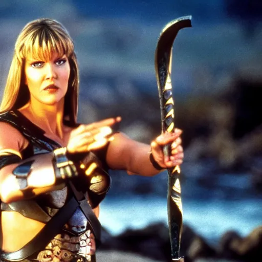 Image similar to tricia helfer as xena warrior princess, movie still, 4k