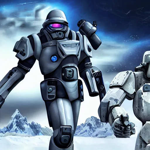 Image similar to photograph of an stern old man wearing futuristic gray heavy exosuit armor with navy blue detailing holding a white plastoid shield in his left hand and a blaster in his right hand. in the background there is a scifi battle taking place with trenches and force - field generator trucks and laser machineguns on a rolling green plains with snowcapped mountains in the distance. science fiction.