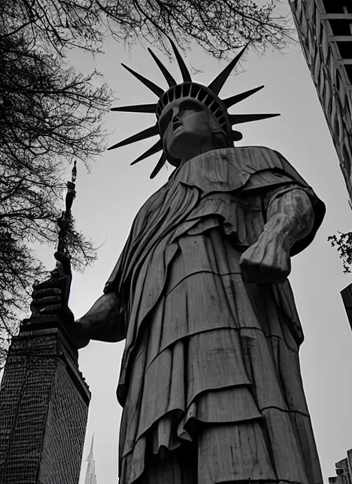 Image similar to giant monster walking between buildings, and it has the angry face of the statue of liberty