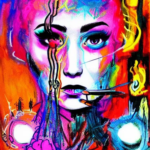 Prompt: a sketch, ultra detailed, colorful, magic, cosmos, beautiful woman, eyes with fire, similar to jennifer laurence lick chupa chups, surreal, in style of jean - michel basquiat, trending on artstation