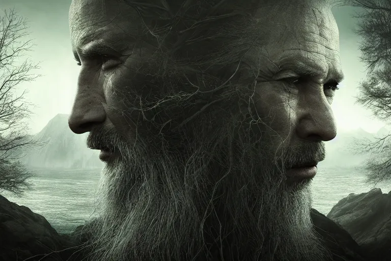 Image similar to an ultra realistic, cinematic headshot portrait, of an evil wizard, background of a vast serene landscape, with trees and rivers, detailed, deep focus, movie still, dramatic lighting, ray tracing, by michal karcz and yoshitaka amano