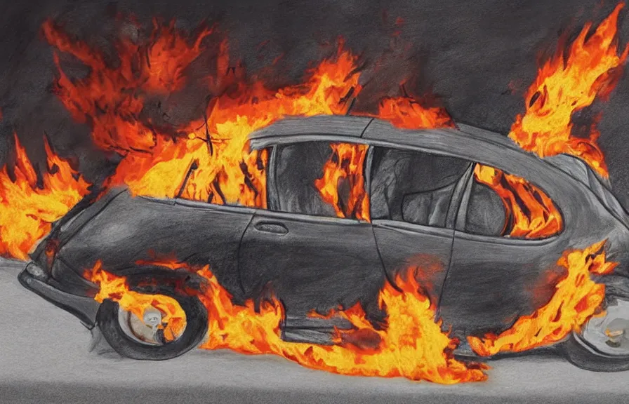Image similar to car on fire, children drawing
