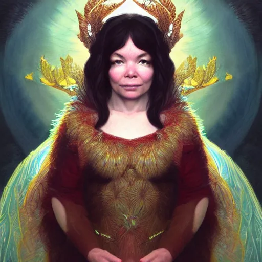 Prompt: portrait of bjork as dmt elf, 8 k highly detailed, sharp focus, illustration, art by artgerm, mucha, bouguereau