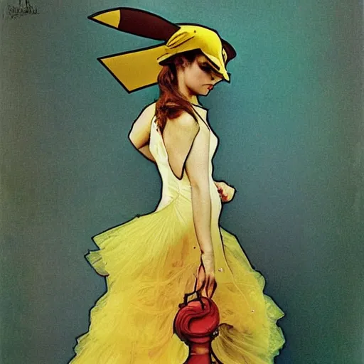 Image similar to elegant woman dressed up as pikachu, art photo by Annie Liebovitz and Alphonse Mucha