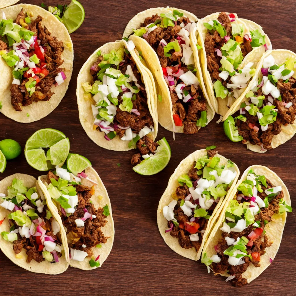 Prompt: close-up view of tacos on top of a wooden table, 8k, high detail, photorealistic, proper shading