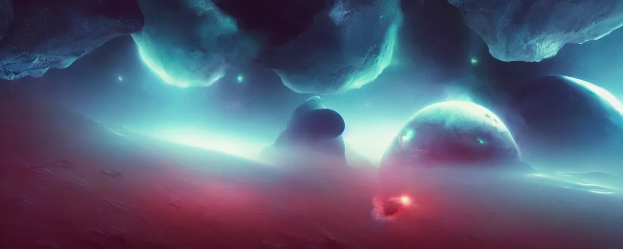 Prompt: cool smooth space colours, cinematic render of atmospheric deep space, asteroid belt, fog void, atmospheric perspective, volumetric lighting, cathrin machin, the expanse