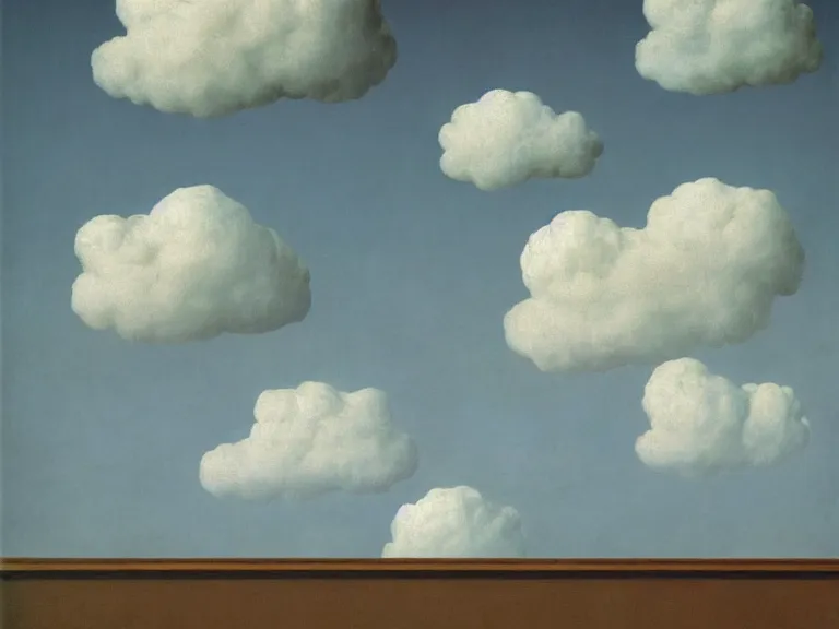 Prompt: cloud filled room, painting by rene magritte, centered, high detail, high resolution