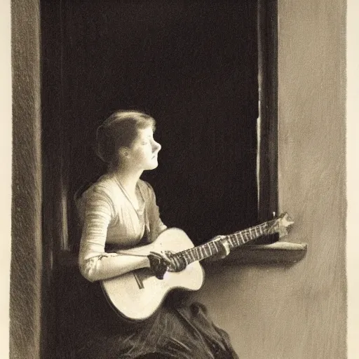 Prompt: a young edwardian woman playing guitar by a window at night, dimly lit scene, in the style of anders zorn