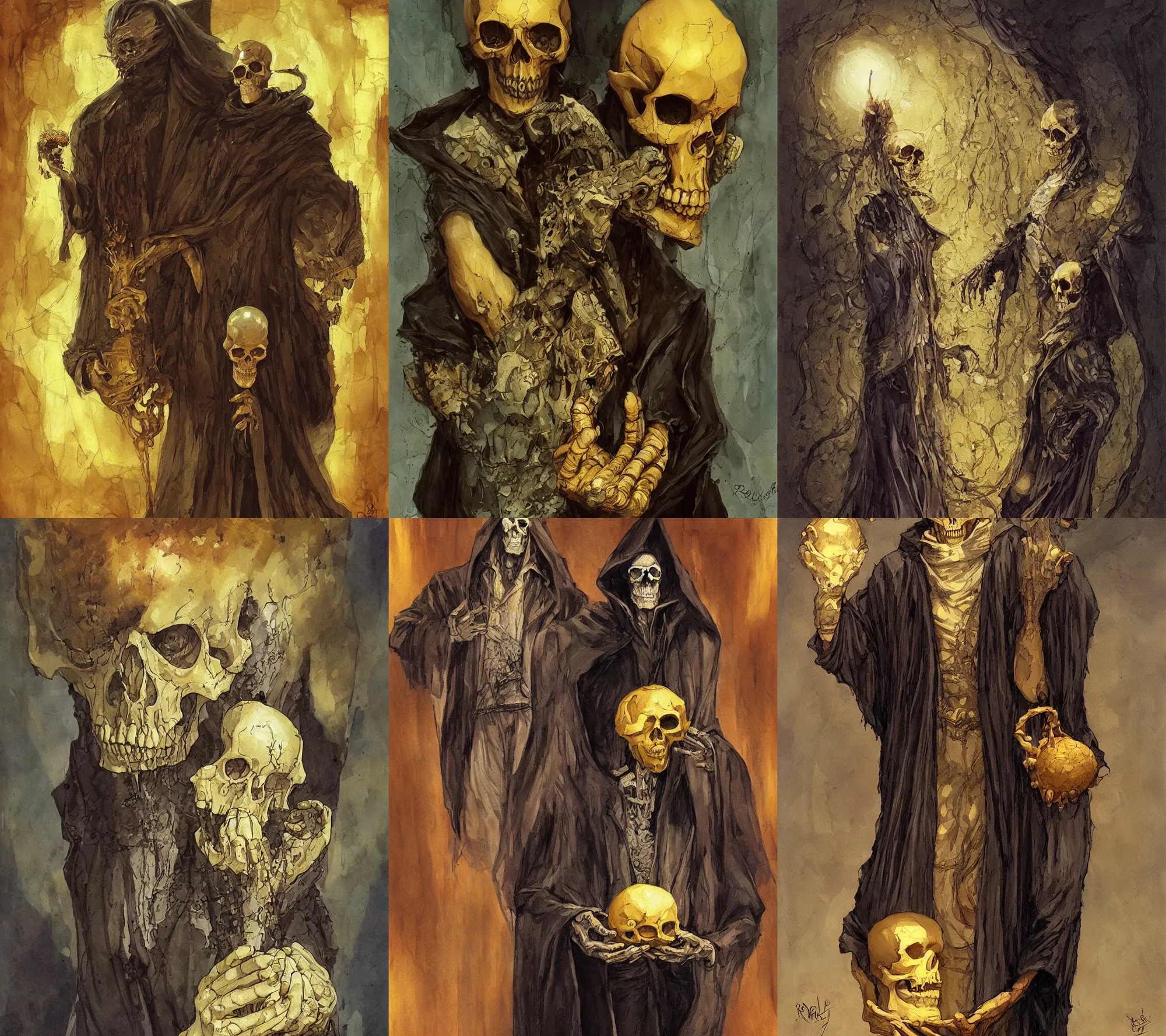 Prompt: A beautiful man look at a golden skull he hold in his hand. He wear a long dark robe. By Régis Loisel and Enki Bilal and Tony Sandoval and Oliver Ledroit. Oil painting