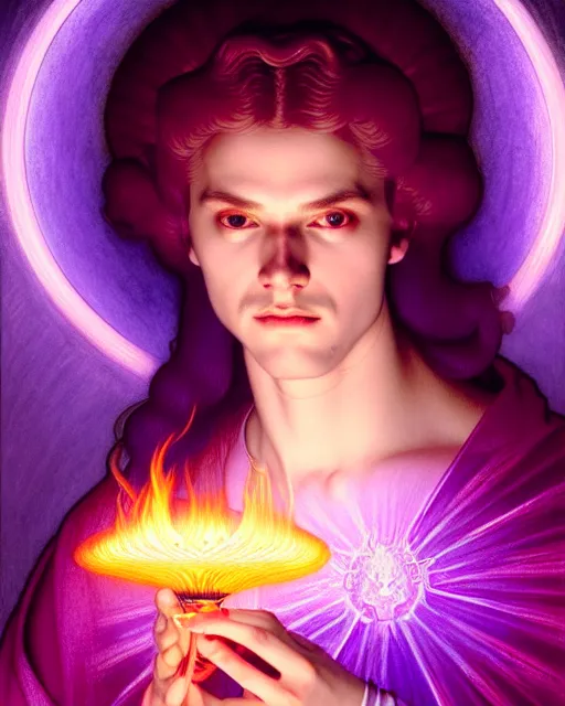 Prompt: portrait of saint germain holding a violet colored flame, purple fire, intricate, elegant, highly detailed, digital painting, artstation, concept art, smooth, sharp focus, illustration, art by artgerm and greg rutkowski and fra angelico and alphons mucha