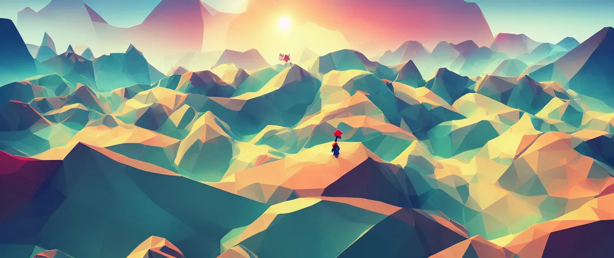 Image similar to 3 d render, mountain landscape, digital art, low poly art, minimalist, poppy, journey game, lowpoly landscape, particles floating, unreal engine, dreamy, brush strokes, bounce light, sunny, complementary palette, redsinski