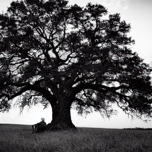 Image similar to 8k photograph. old man sitting under an oak tree he planted as a child. National Geographic. Sunset. Nature.