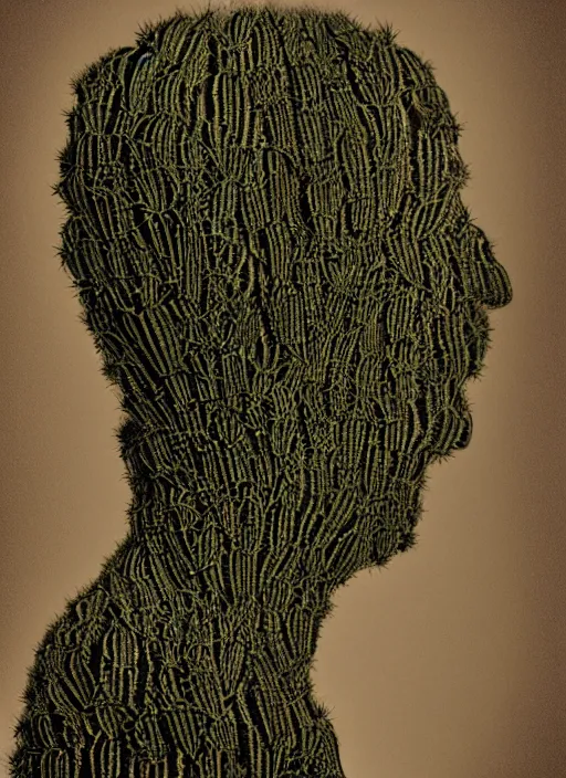 Image similar to a man's face in profile, made of cactus spines, in the style of the Dutch masters and Gregory Crewdson, dark and moody