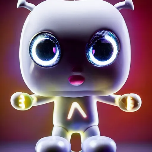 Prompt: a highly detailed vinyl figure with lighting bolts coming out of its eyes it is pointing to the right, RGB smile, square nose, electric eyes, sparking eyes, realistic lighting, realistic reflections