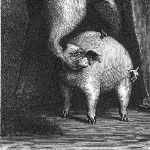 Image similar to a pig walking on two legs, creepy atmosphere, dressed in a tuxedo, dark, close-up, realistic, very realistic, illustration by Gustave Doré