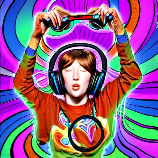 Image similar to artgerm, psychedelic android, rocking out, headphones dj rave, digital artwork, r. crumb, svg vector